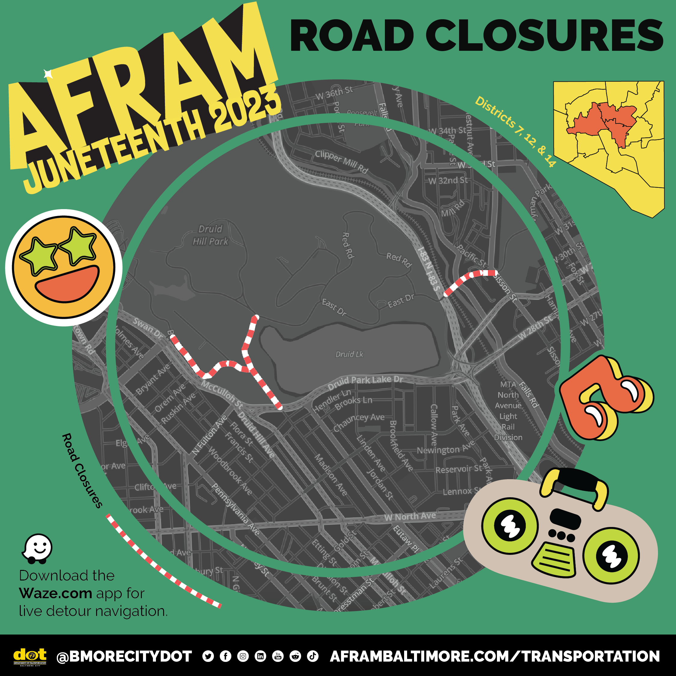 Map of road closures for AFRAM 2023